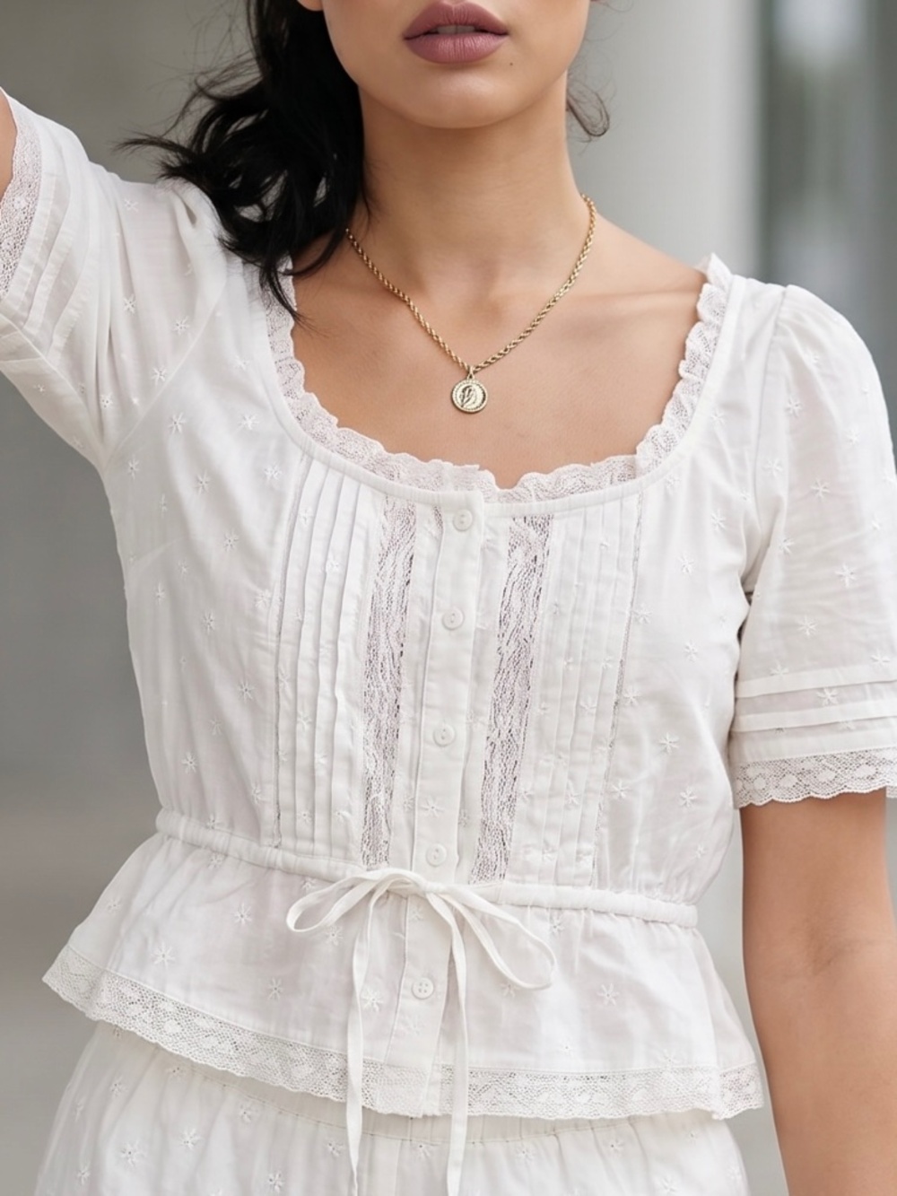 GAP & Doen White Lace Trim Button Front Blouse , Size S